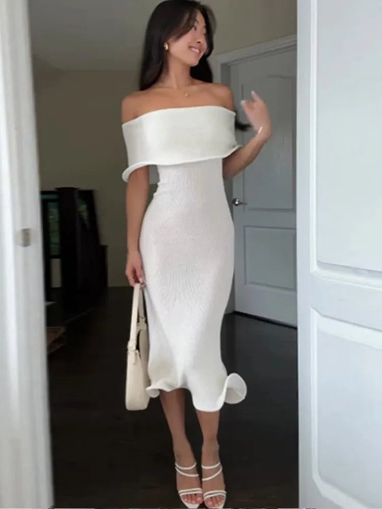 Aiertu       -  Solid Color One Collar Knitted Long Dress Women Off Shoulder Curled Bodycon Maxi Dress Lady Fashion High Street Party Robes Aiertu