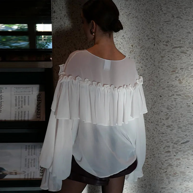 Aiertu  -  Fashion Women's Ruffle Shirts Loose V-neck Long Lantern Sleeve Female Blouses 2025 Spring Summer Lady Sexy See Through Shirt New Aiertu