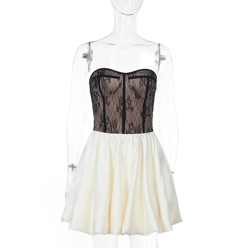 Aiertu  -  Splice Lace Strapless Dress Female Sexy Slim Contrast Color Folds Dress Spring 2025 New Casual Club Party  Women's Dress Aiertu