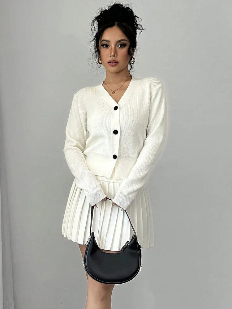 Aiertu      -  Retro Knitted Long Sleeve Sweater High-Waisted Pleated Skirt Two Piece Set For Women Niche Solid Matching Sets Autumn New Aiertu