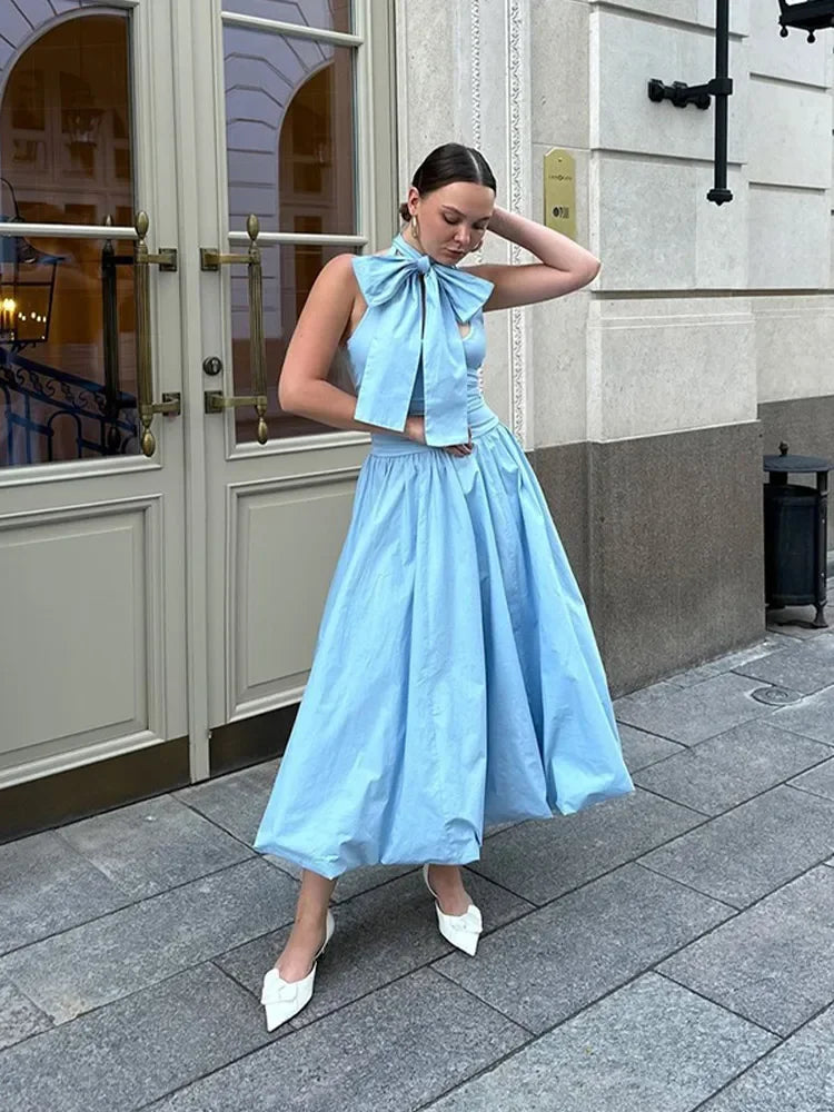 Aiertu  -  Lady Chic Blue Bow Lace Up Sling Sexy Pleated Dress Off Shoulder Backless Sleeveless Dresses New Design Party Holiday Sweet Robe Aiertu
