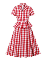Aiertu  -  party look snspos 2025 New Vintage Elegant Red Gingham Cotton Midi Dresses for Women Notched Collar Buttons Belted 1950s Retro Plaid Peplum Dress Aiertu