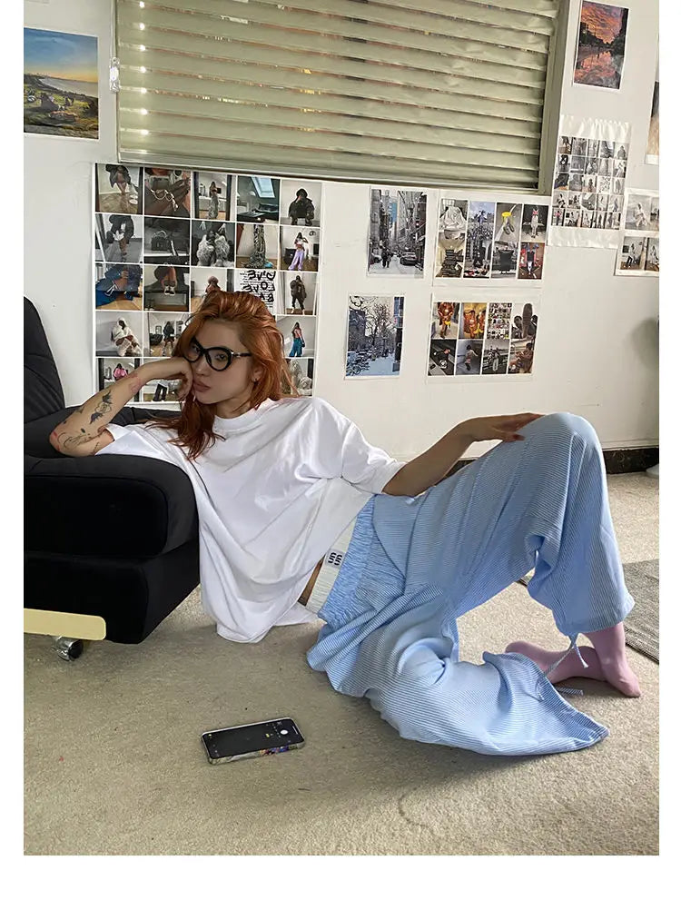 Aiertu  -  Blue Stripe Pants Women Y2k Fake Two Piece Wide Leg Sweatpants Baggy Kpop Sport Trousers Hip Hop Harajuku Summer Bottoms Aiertu