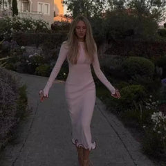 Aiertu  -  Winter Long Sleeve Knitted Dress Women Elegant Ruffles Maxi Dress Pink  Autumn Bodycon Party Dress Sexy Long Knitwear Aiertu