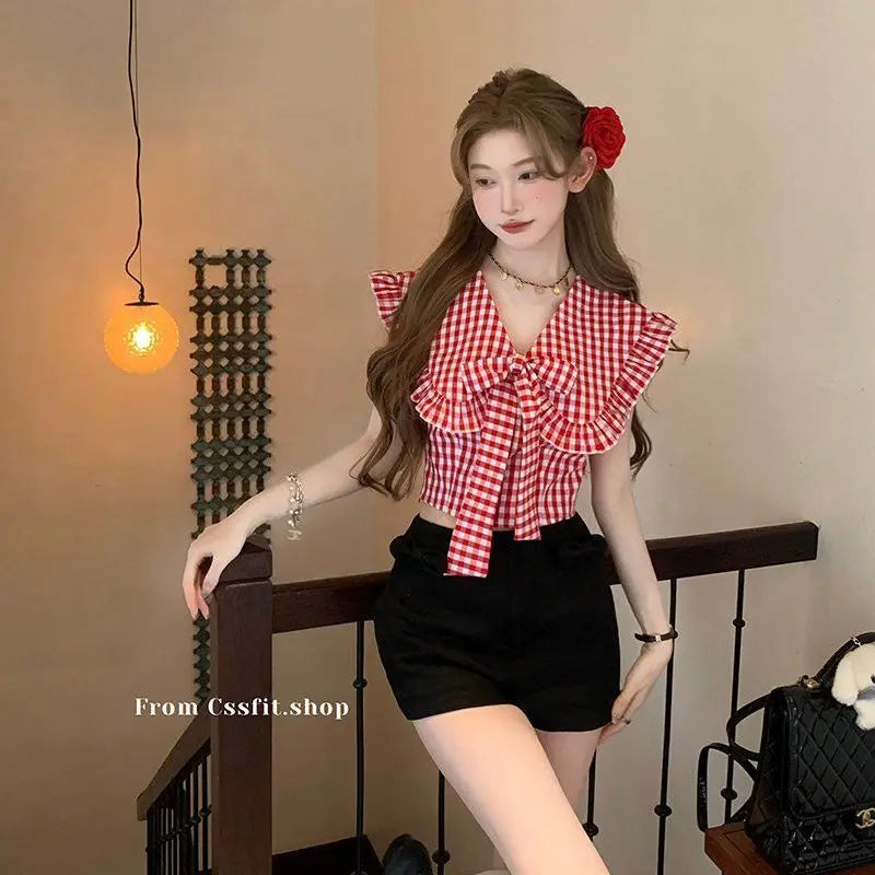 Aiertu  -  Sweet Hot Girl Suit Women's Summer Turn-down Collar Plaid Bow Top High Waist Skirt Shorts Two-piece Set Fashion Female Clothes Aiertu