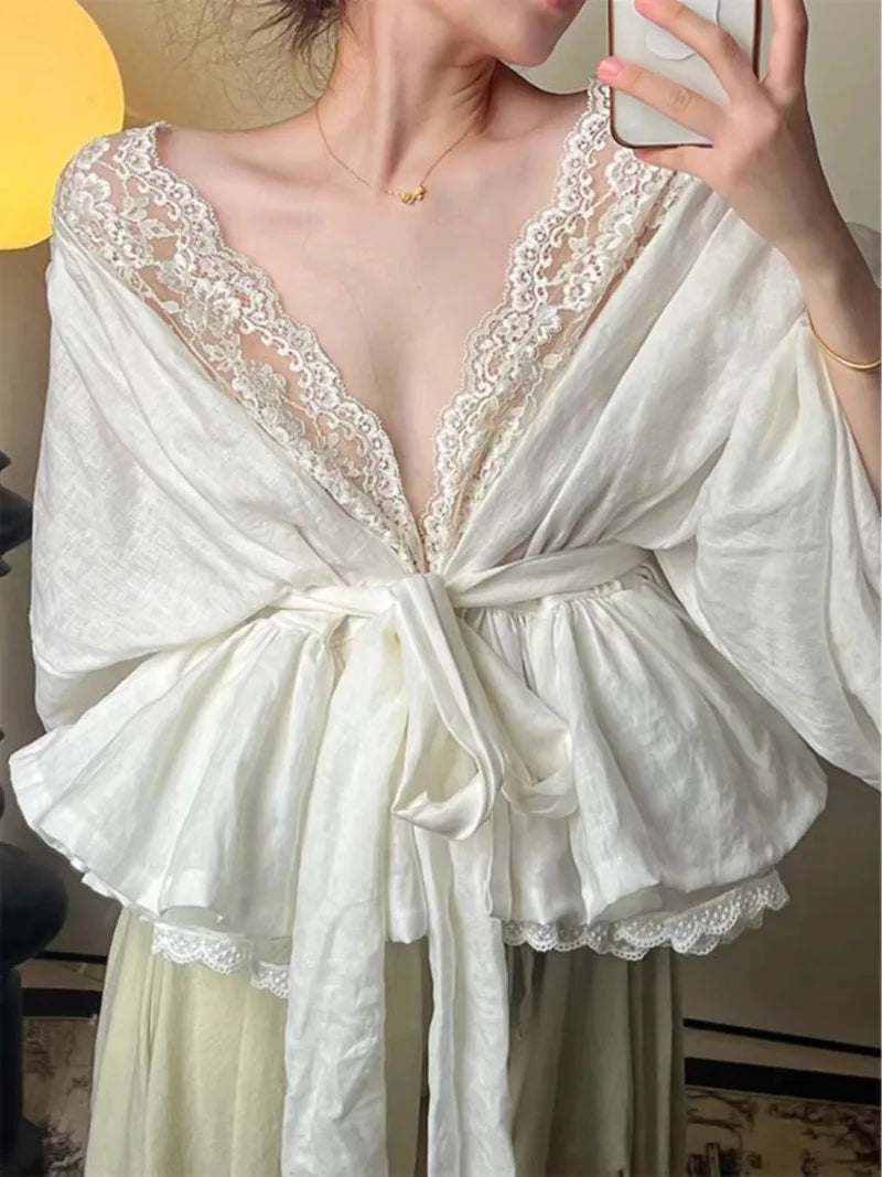 Aiertu  -  Slim High Waist Crop Tops Blusas Mujer De Moda Verano Elegantes Blouse Lace Strap V-neck Long Sleeved Shirts Femme Shirt Aiertu
