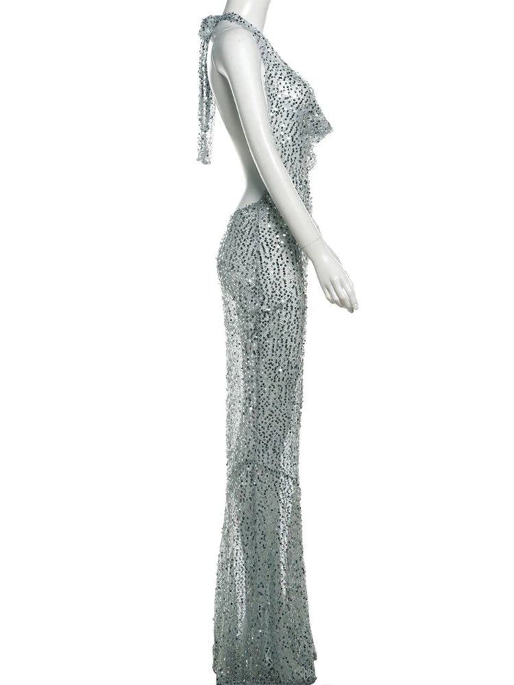 Aiertu Shiny Sequins Sexy Women Long Dress Stunning Halter Lace Up Swinging Neck Backless Sheath Vestidos Female Club Party Robe Aiertu