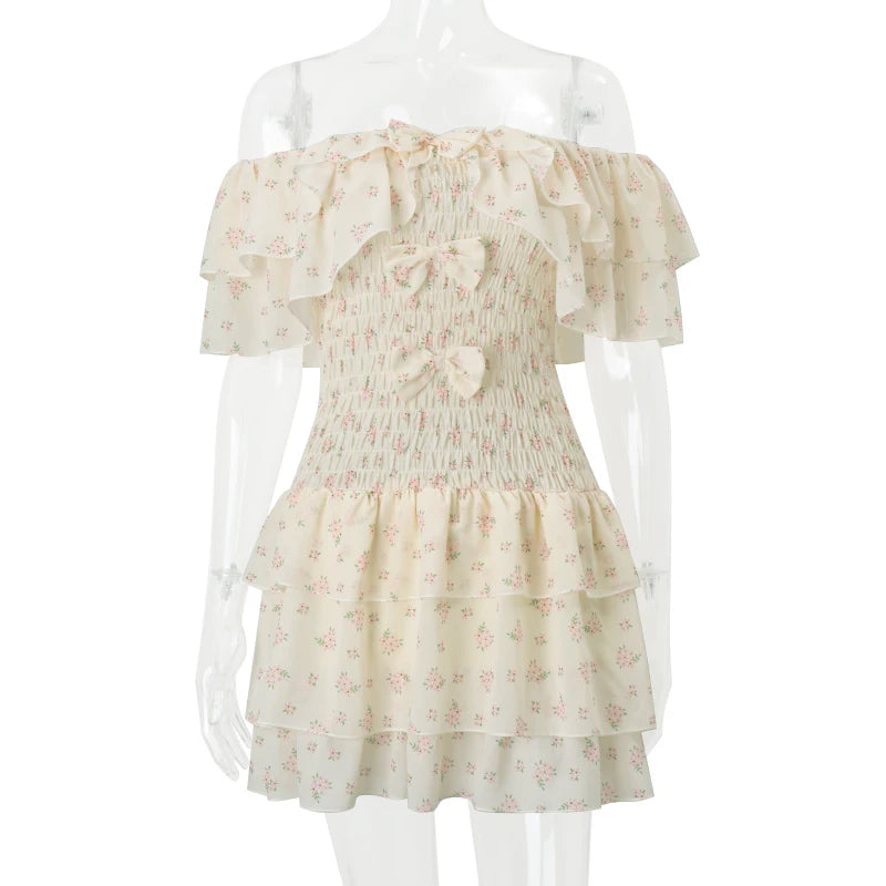 Aiertu  Off Shoulder Sexy Floral Print Mesh Bow Fashion A-line Bodycon Pleated Mini Dress Summer New Sweet Cute Party Vestidos Aiertu