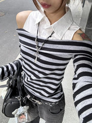 Aiertu  -  Japanese Spring Autumn High Street Spliced Design  Tops Y2k Aesthetic Harajuku Punk Constrast Color Striped Shirts Girl Clothes Aiertu