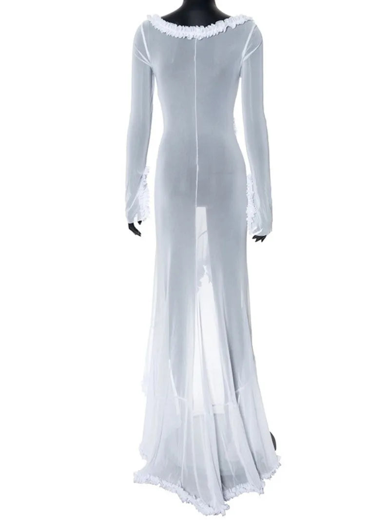 Aiertu  -  Woman Elegant Hollow Out Long Maxi Vacation Dress 2026 Summer V-neck Ruffles See-through Formal Occasion Evening Party Dresses Aiertu