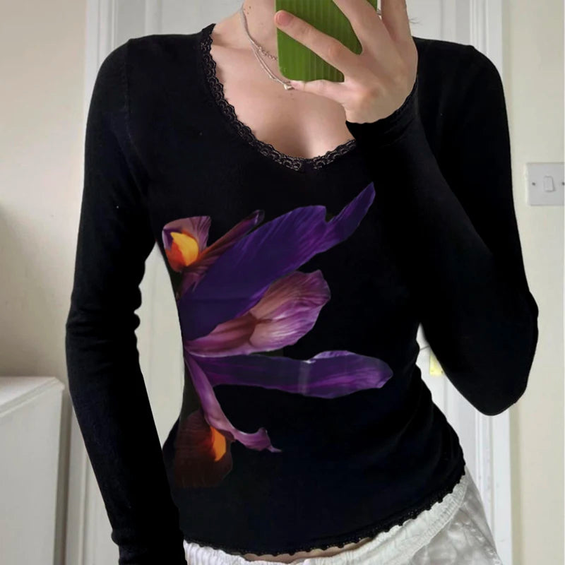 Aiertu  -   Y2K Long Sleeve T-shirt Floral Print Elegant Women Fitted Cropped Top Spring Fashion Vintage Street Tee Shirt Outfits Aiertu