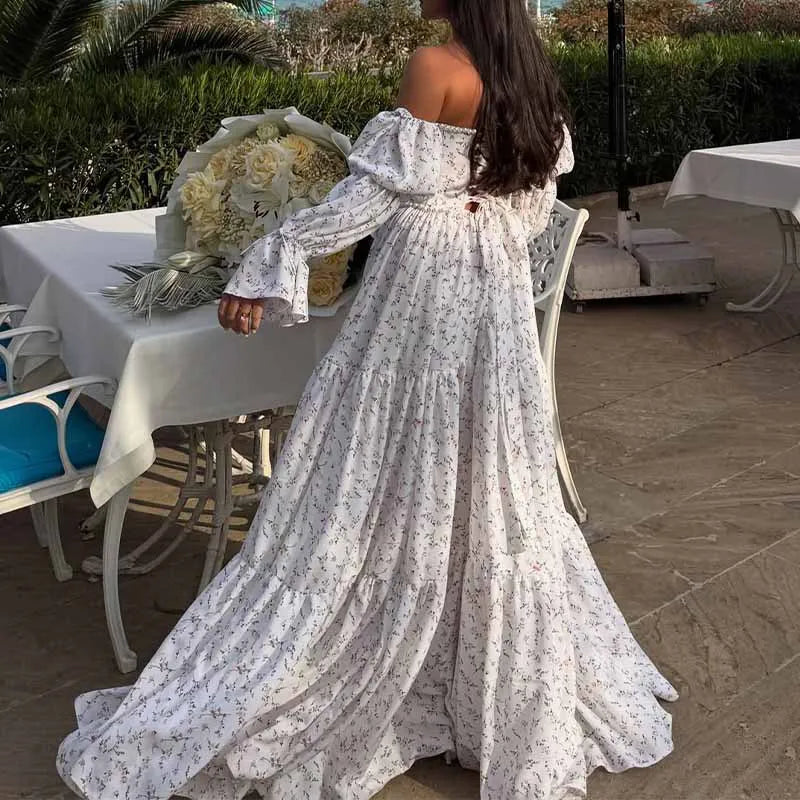 Aiertu  -  Fashion Long Sleeved Backless Princess Dress New Summer Floral Print Robe Dress Sexy Off Shoulder Pleated Women Party Dress Aiertu