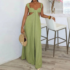 Aiertu  -  Women Elegant Hollow Backless Solid Color Long Romper Sexy Off Shoulder Party Jumpsuit Casual Sleeveless Wide Leg Loose Playsuit Aiertu