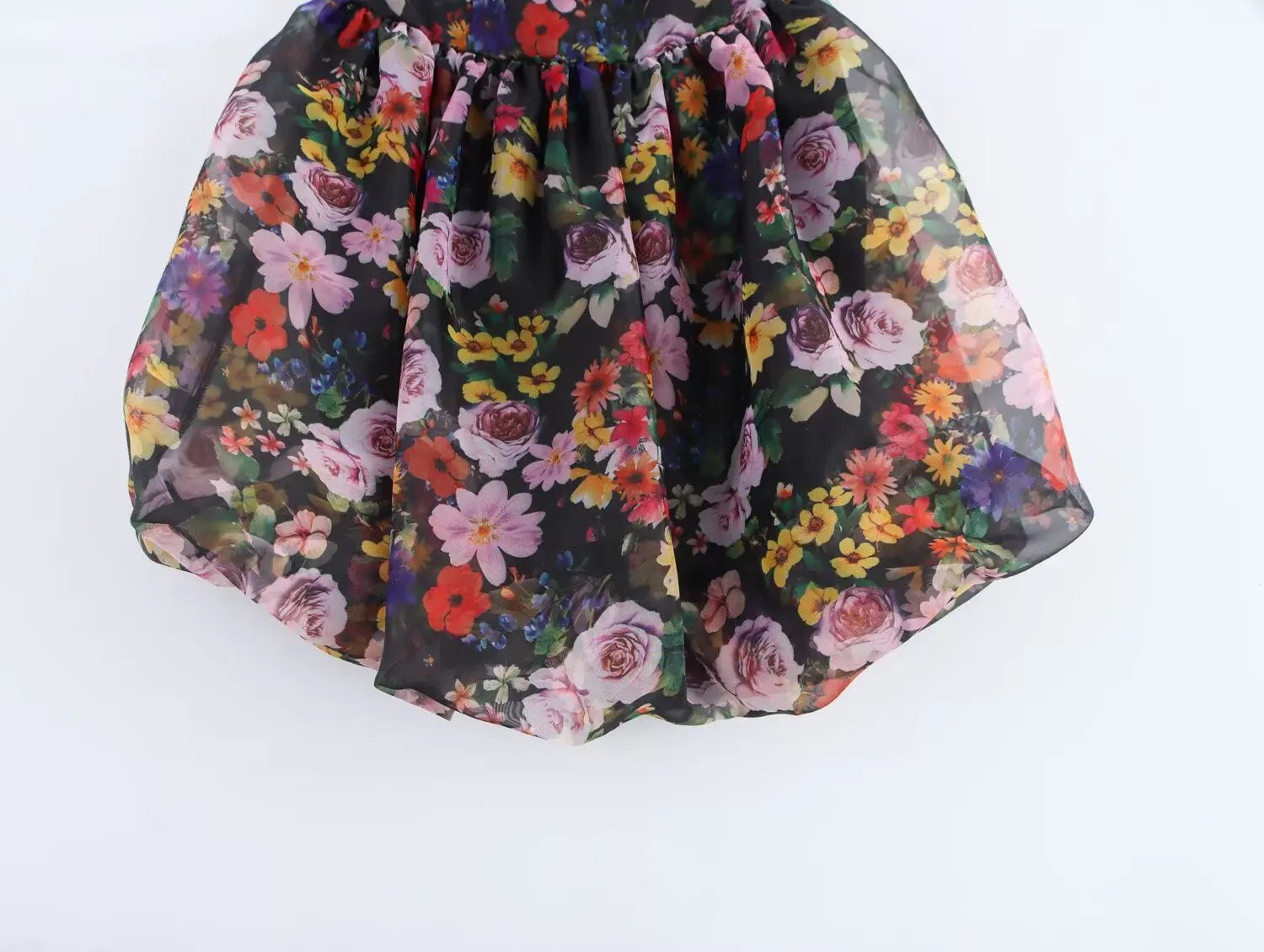 Aiertu  -  Sexy Women Black Flower Print Organza Strapless Dress Hem Ruched Swing BUD Party Skater Mini Short Robe Aiertu