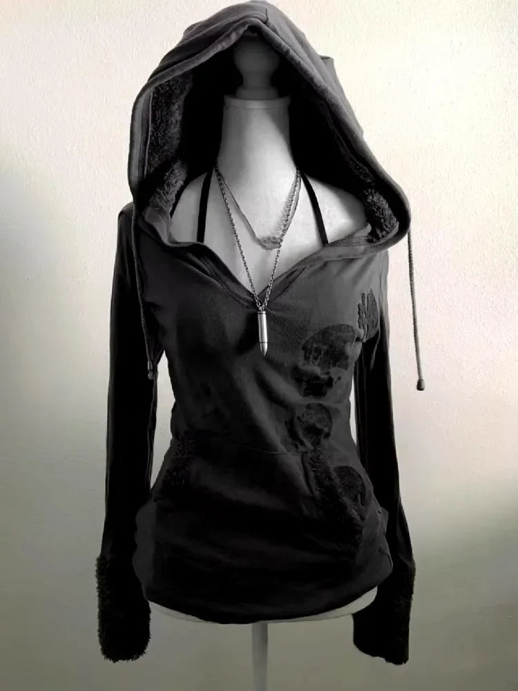 Aiertu  -  American Rhinestone Print Sports Hoodie Retro Gothic Zipper Women's Casual Top Grunge Style Y2k Clothing Hoodies Women Aiertu