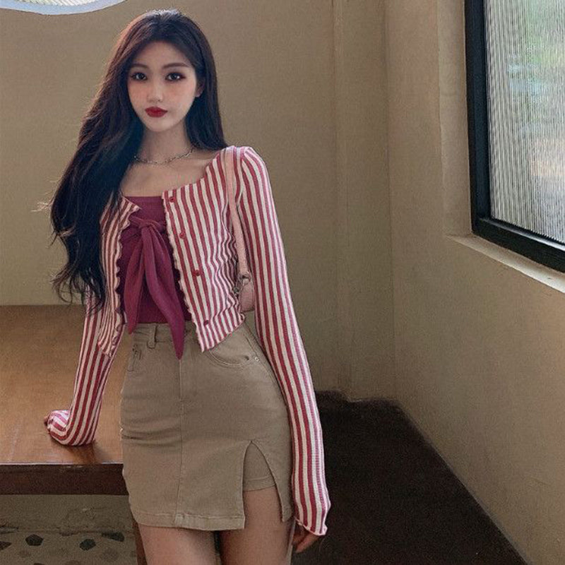 Aiertu Vintage Striped Shirts Women Y2K Tunic Slim Crop Tops Streetwear Korean Harajuku Long Sleeve Skinny Casual Blouses New Aiertu