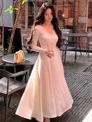Aiertu  -  Elegant Lace Patchwork Knitted Dress Women Autumn Long Sleeve V-neck Slim Waist A-line Pleated Vestidos Vintage Chic Lady Mujer Aiertu