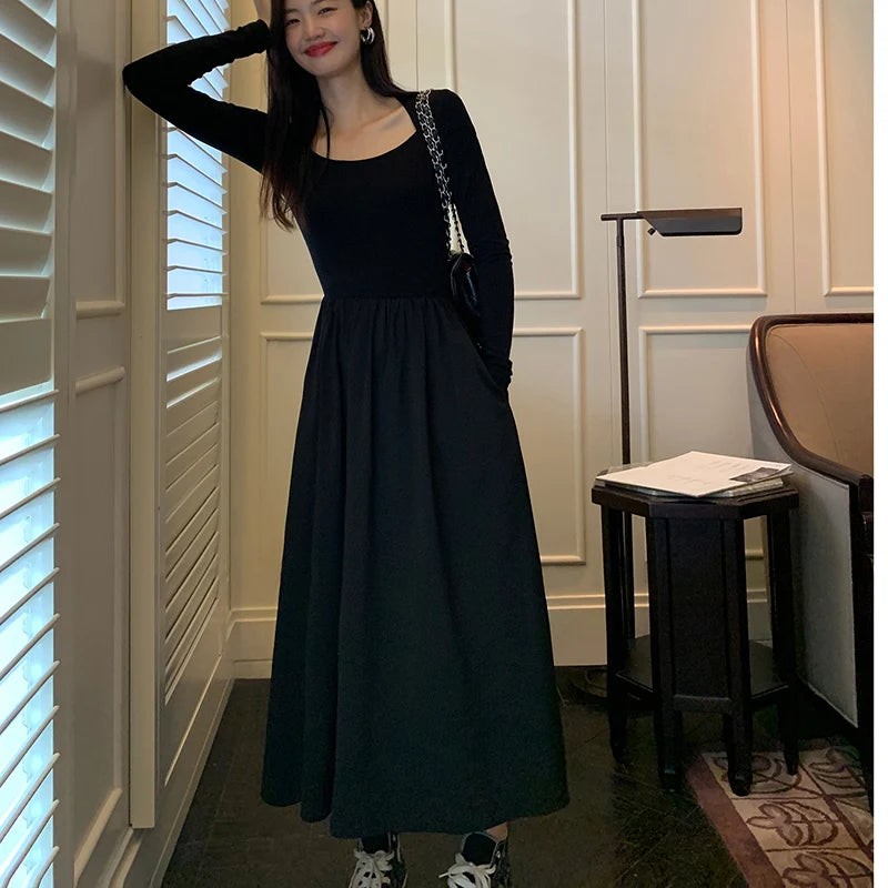 Aiertu Vintage Square Collar Maxi Wedding Dresses for Women Clothing Party Office Lady Casual Black Pockets Bodycon Midi Dress Autumn Aiertu