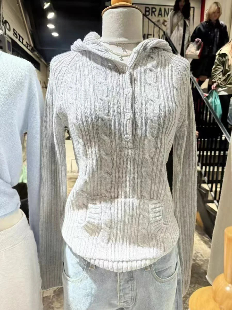 Aiertu  -  Gray Twisted Hooded Sweater Women Winter New Buttons Long Sleeve Pocket Slim Jumper Simple Casual Preppy Style Knitted Pullovers Aiertu