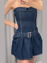 Aiertu  -  Sexy Women's Denim Mini Dress Adjustable Belt Strapless Ruffle Hem Dresses Lady Summer New Casual Party Club Wear 2025 Aiertu