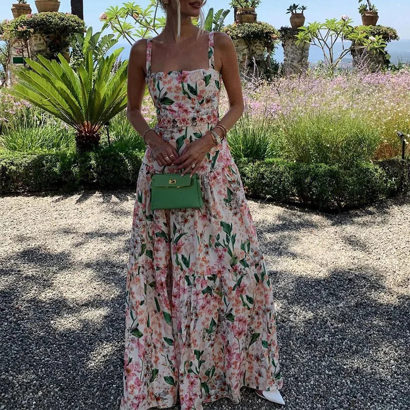 Aiertu  -  Floral Print High Waist Long Dress Summer Hollow Out Sleeveless Garden Party Dress Sexy Off Shoulder Suspender Beach Dress Aiertu