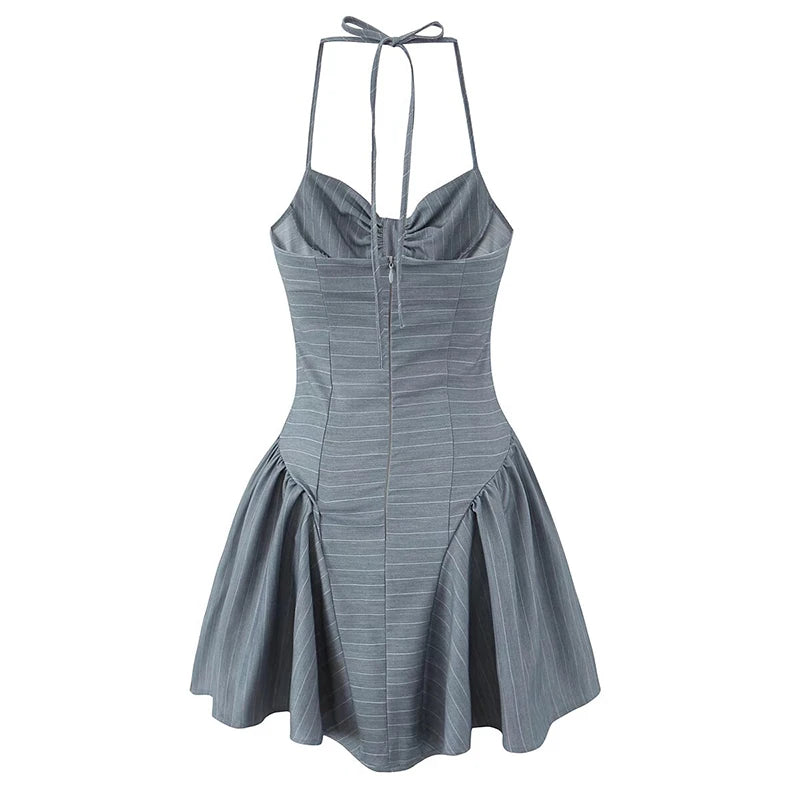 Aiertu  -  Sexy Backless Gray Striped Halter Mini Dress Women Front Button Low Waist Fit And Flare Slim Dress Summer Robe New 2025 Aiertu