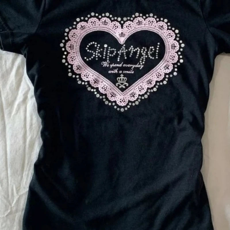 Aiertu  -  Y2k Aesthetic Love Letter Printing Tops 2025 Summer Women Streetwear Black T-shirts Harajuku Casual Slim Fit Grunge Fairy Tees Aiertu