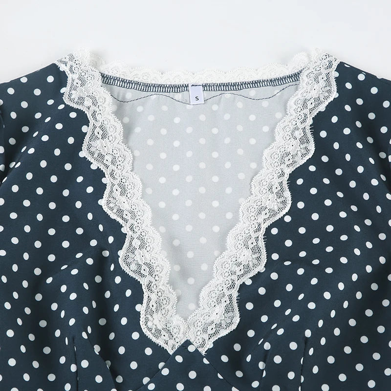 Aiertu  Fashion Dot Print Lace Trim V-Neck Women Elegant Dresses Summer Causal Design Trendy Frocks Aiertu