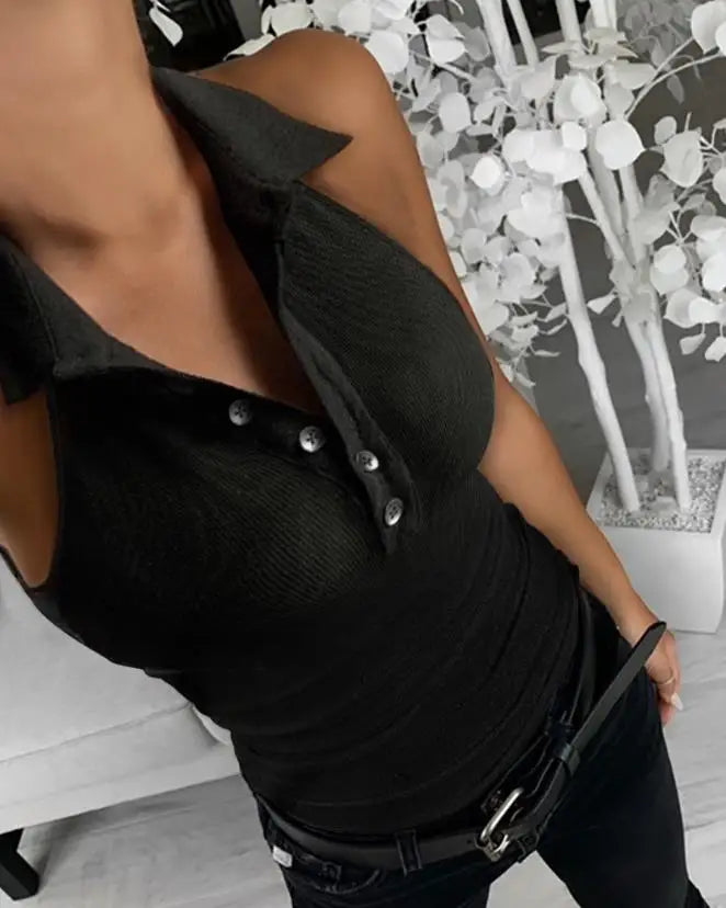 Aiertu Women Tank Top Simple Casual Ribbed Button Front Design Plain Daily Clothing New Fashion Women's Sleeveless T-Shirt Aiertu