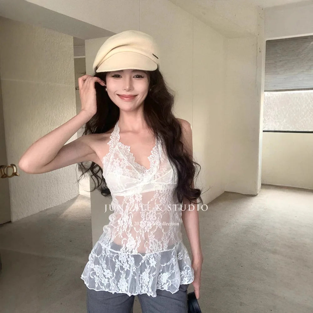 Aiertu  -  Lace bottoming shirt female sweet sexy hot girl perspective lace lace V-neck neck sling stacked inside top Aiertu