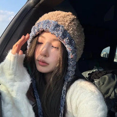 Aiertu  -  Plush Knitted Hat For Women New Autumn And Winter Thickened Warmth And Cold Resistant Woolen Hat Big Headed Cap Balaclava Hat Aiertu