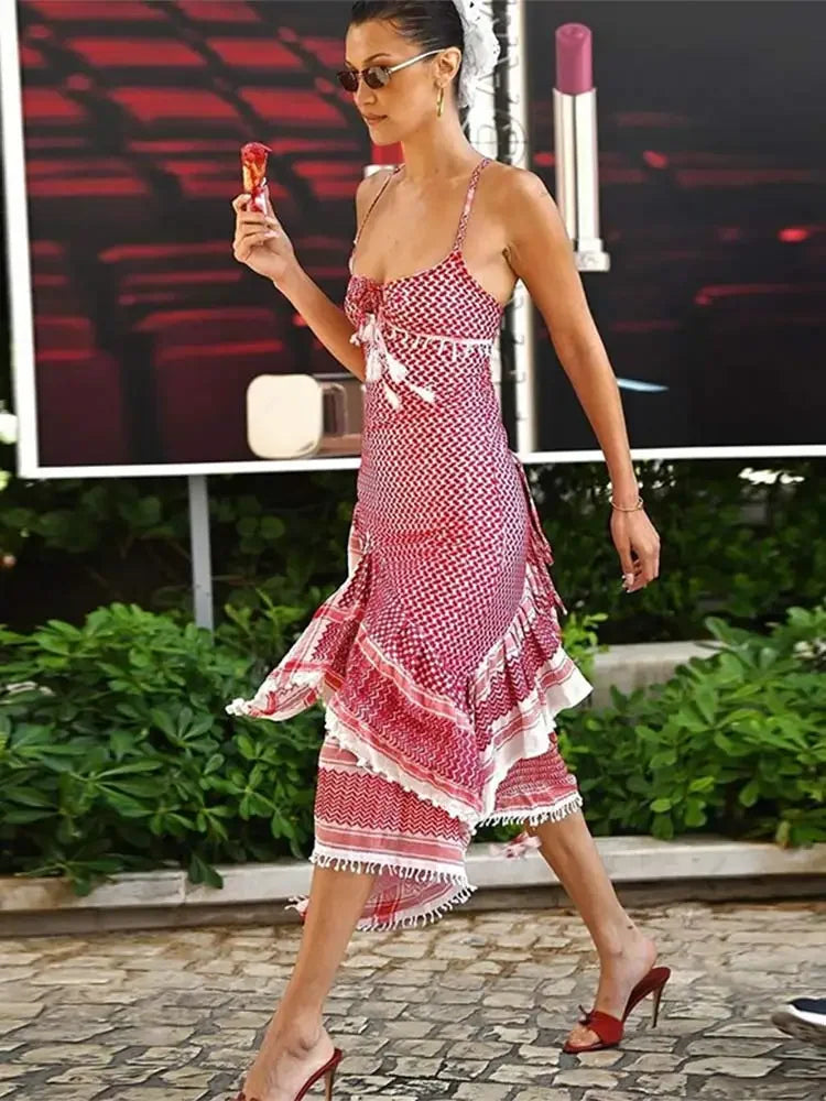Aiertu  -  Woman Sweet Red Plaid Tassels Sling Ruffles Dress Sexy Backless Lace Up Sleeveless Slim Dresses Chic Lady Vacation Party Gowns Aiertu