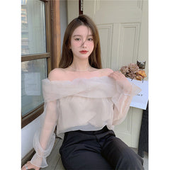 Aiertu Slash Neck Shirts Women Sweet Mesh Off Shoulder Blouses Office Lady Korean Fairy Elegant Puff Long Sleeve Slim Chic Tops Aiertu