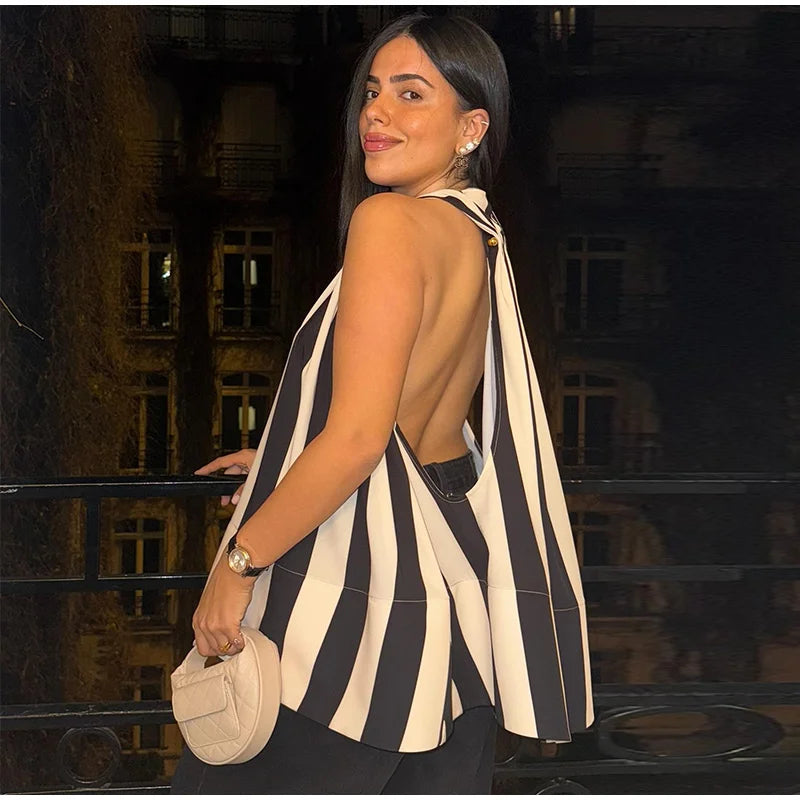 Aiertu  -  Trendy Sleeveless Striped Hang Neck Women Top Loose V-neck Backless A-line Vest 2026 New Season Casual Holiday Female Tops Aiertu