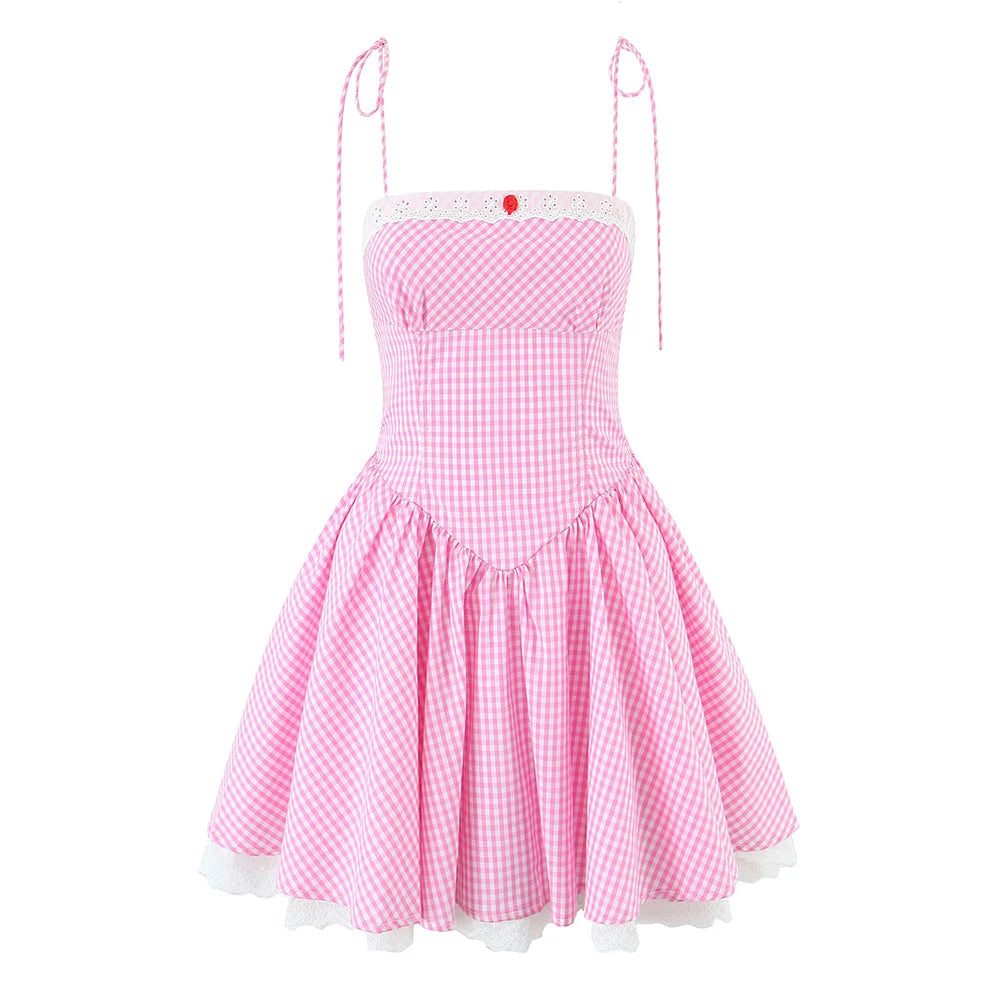 Aiertu  -  Hit Color Spliced Lace Up Slimming Dresses for Women Square Neck Sleeveless High Waist Temperament Dress Female Aiertu