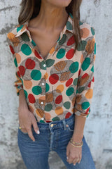 Aiertu  -Casual Polka Dot Leaf Print Buttons Contrast Turndown Collar Blouses aiertu