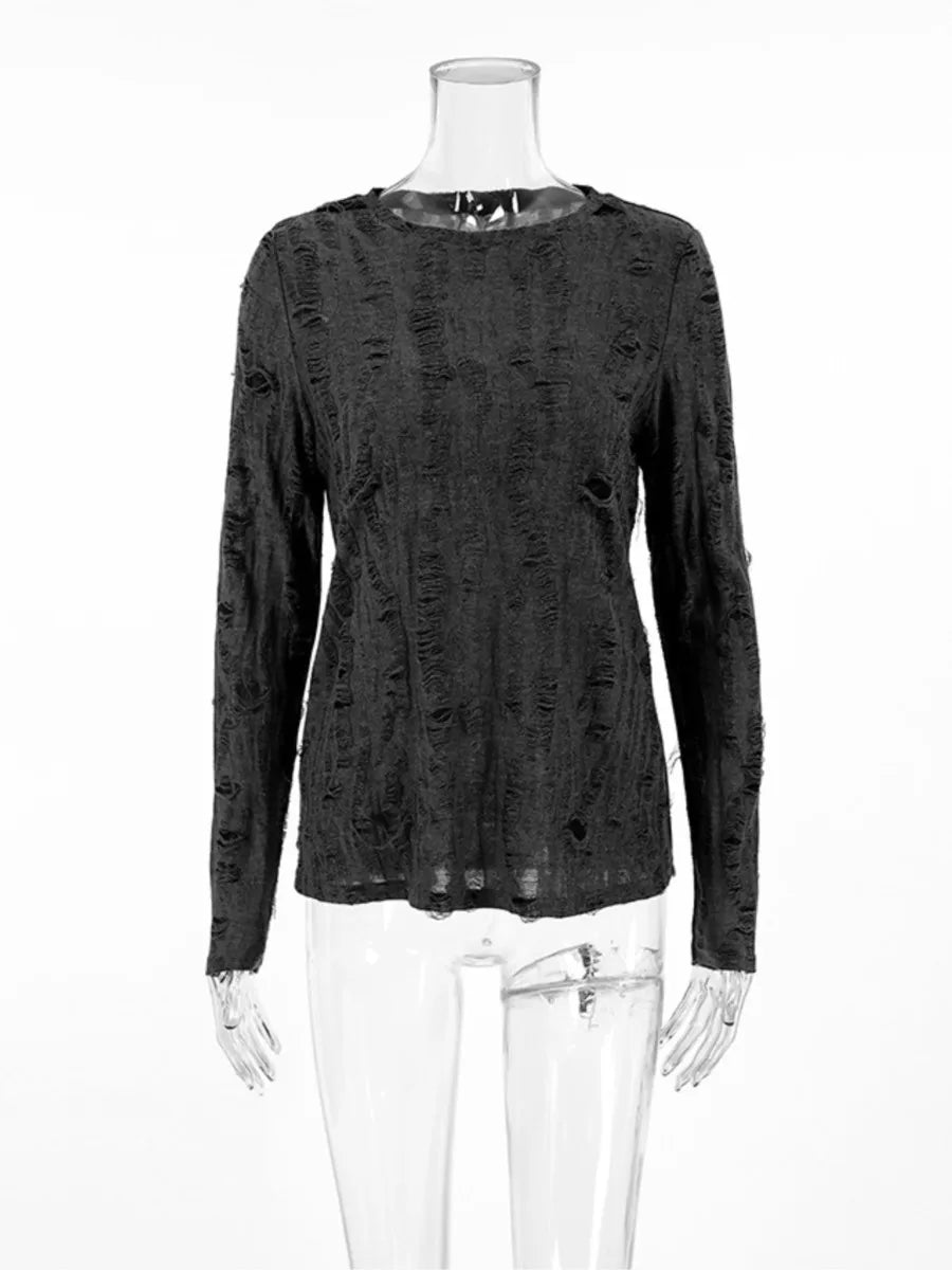 Aiertu  -  Gray Ripped Distressed T-shirt Women Autumn New O Neck Long Sleeve Tops T-shirts Streetwear Fashion Basic Vintage Tees Female Aiertu