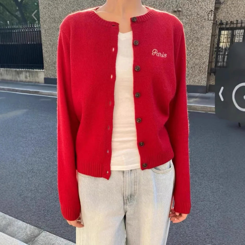 Aiertu  -  Winter New Letter Embroidery Cardigan Women Crew Neck Single Breasted Slim Sweater Long Sleeve Sweet Preppy Style Knit Outerwear Aiertu