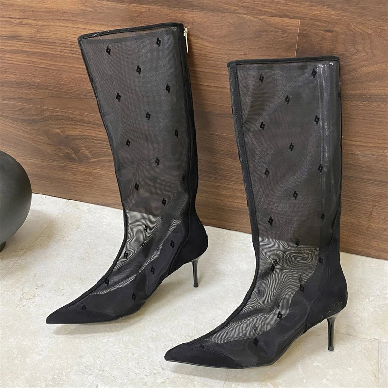 Aiertu  -   Autumn Street Style Design Breathable Mesh Women Knee-High Boots Pointed Toe Thin Low Heels Sandals Booties Ladies Shoes Aiertu