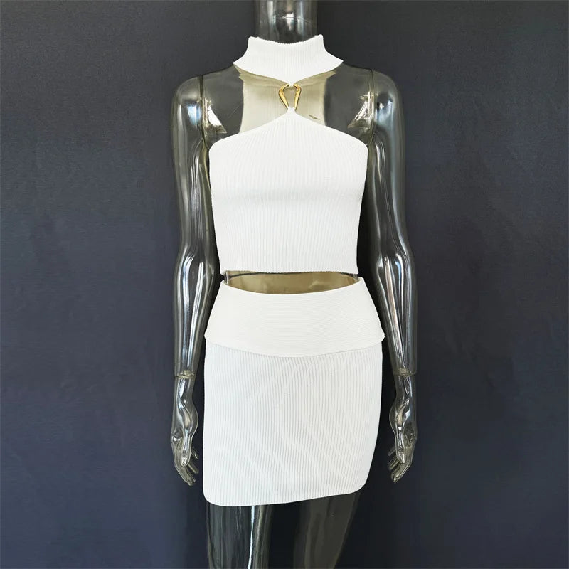 Aiertu  -  Fashion Knit Skirt Matching Set Two Piece Sets Women Halter Off-shoulder Tank Top And Mini Skirt Female Sexy Dress Set Aiertu