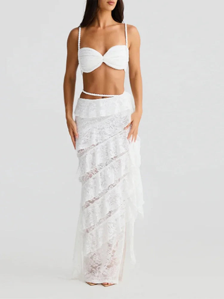 Aiertu  -  Hollow Out Knitted Twist Tank Skirt Set Women Backless Strap Corset Stacked Ruffled Skirts Suit 2025 Summer Beach Lady Outfits Aiertu
