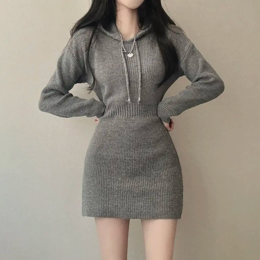 Aiertu Hooded Knitted Dress for Women Sweater Bottoming Short Skirt Aiertu