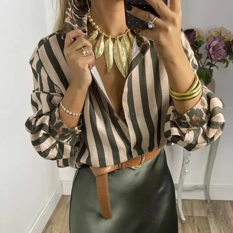 PICSGIRL  -  Autumn Winter Loose Patchwork Simple Top, Women Single-Breasted Fashion Blouses, Long Sleeve Striped Ladies Cardigan Shirts Aiertu