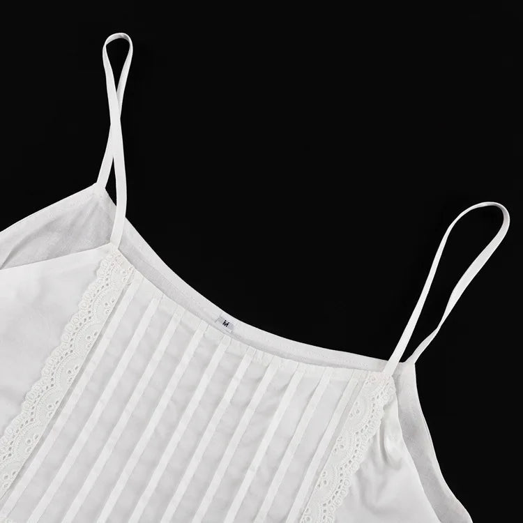 Aiertu  -  White Lace Trim Shorts Two-piece Set Women Summer Sleeveless Loose Tank Top+Elastic Waist Shorts Simple Casual Home Cozy Sets Aiertu