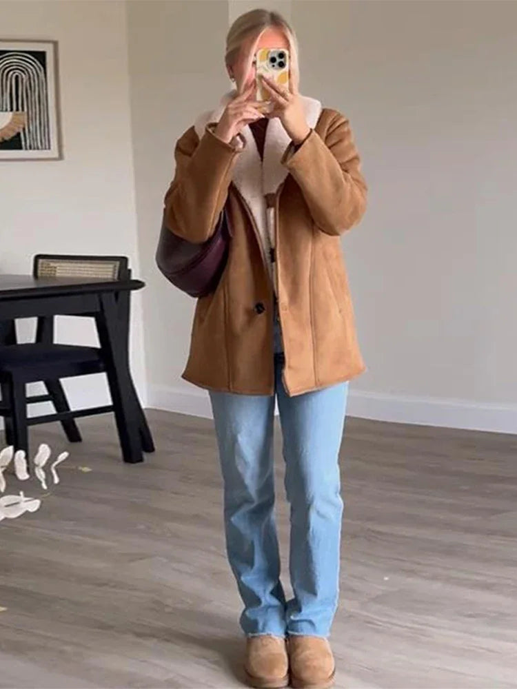 Aiertu  -  Fashion Solid Lapel Women Jacket Lamb Wool Full Sleeve Lady Coat Autumn Winter Warm Thicken Vintage Loose Female Outwear Aiertu
