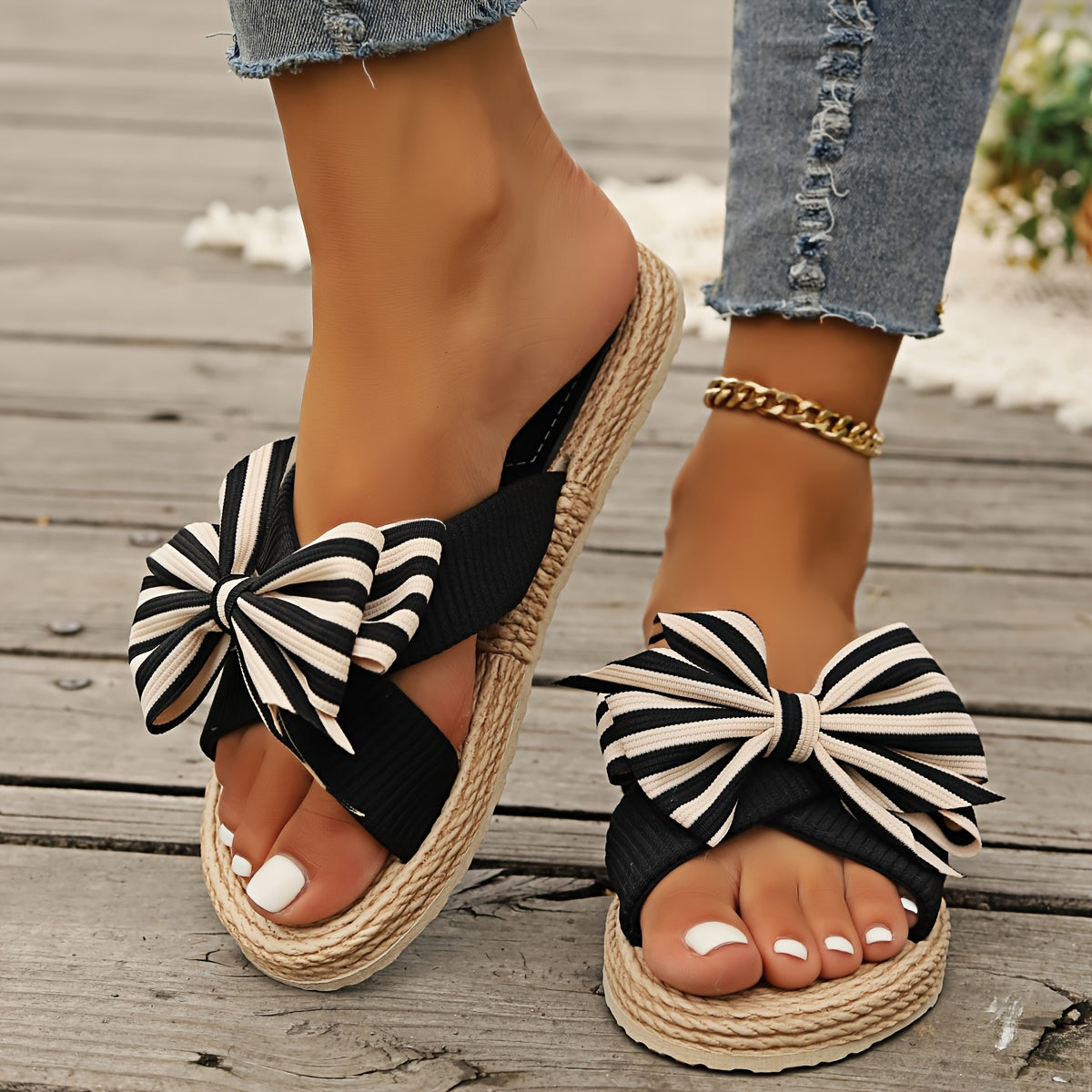 Aiertu 1 Pair Honey Girl Women'S Summer Striped Bowknot Slides - Round Toe Slip-On Flat Beach Slippers with Ankle Strap, Comfortable Fabric Upper & Inner, EVA Sole & Insole Aiertu