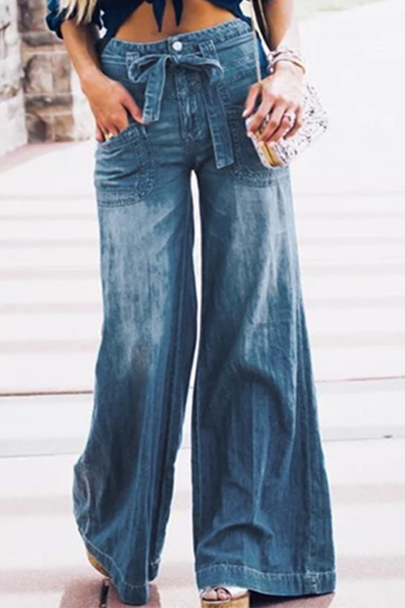Aiertu  -Casual Solid Frenulum Mid Waist Boot Cut Denim Jeans aiertu