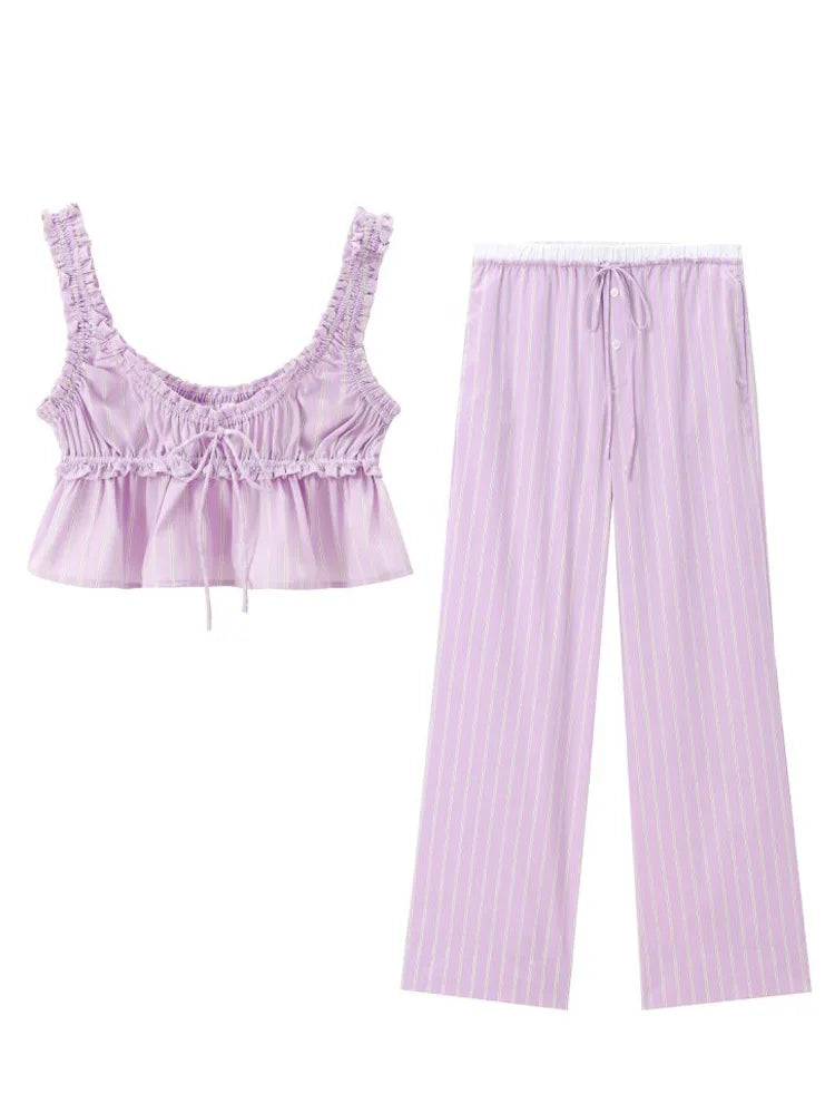Aiertu  -  Women Summer Striped 2-Pieces Sets Sweet Camis Tank Tops and Trousers Female Elegant Street Two Suits Clothing Aiertu