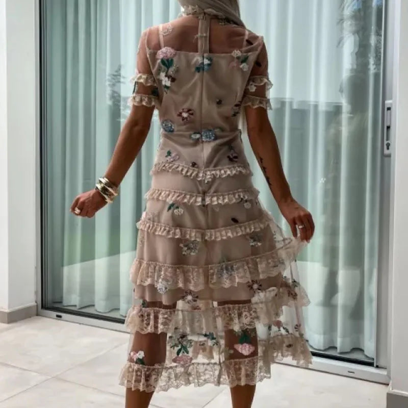 Aiertu  -  Summer Sexy Mesh Lace Patchwork Party Dress 2026 Women Elegant Flower Embroidery Evening Dress Fashion Half High Neck Long Dress Aiertu