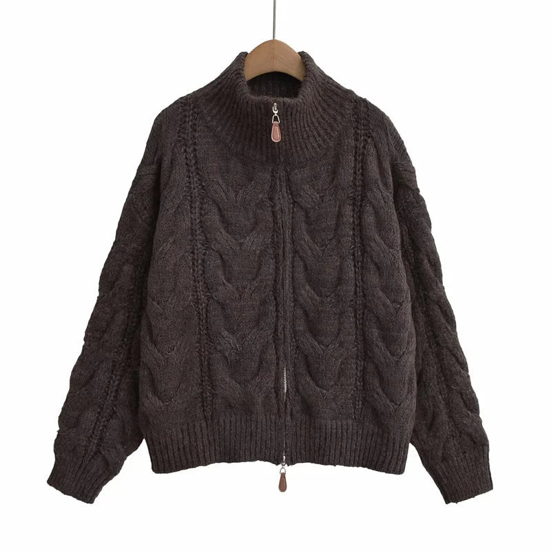 Aiertu  -  casual winter outfits Women Coffee Knitted Yarn Twist Cardigan Women Autumn Winter Stand Collar Zipper Thick Sweater Female Retro Tops Aiertu